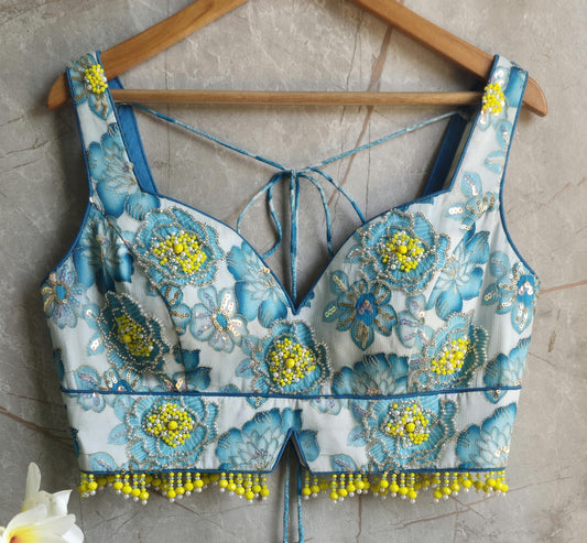 Beads Embroidered Blue Deep Sweetheart Neck Blouse DVBL_415