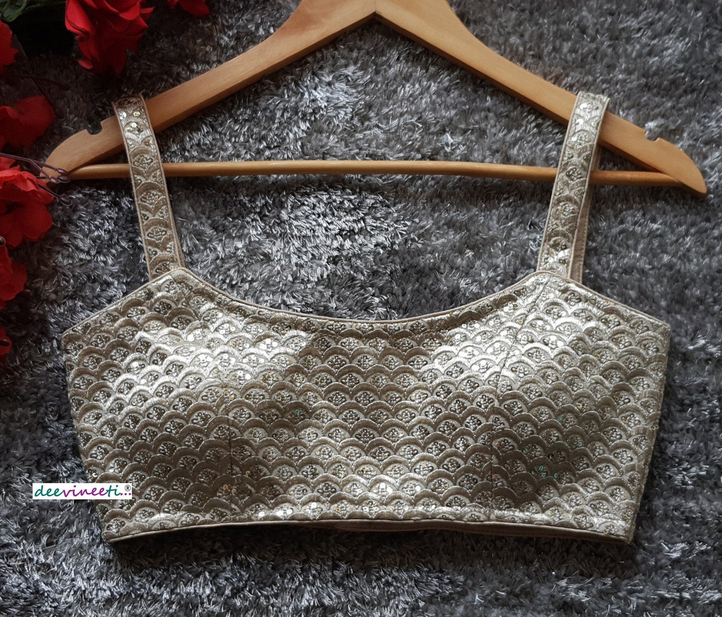 Light Gold Sequins Embroidered Spaghetti Blouse DVBL_106