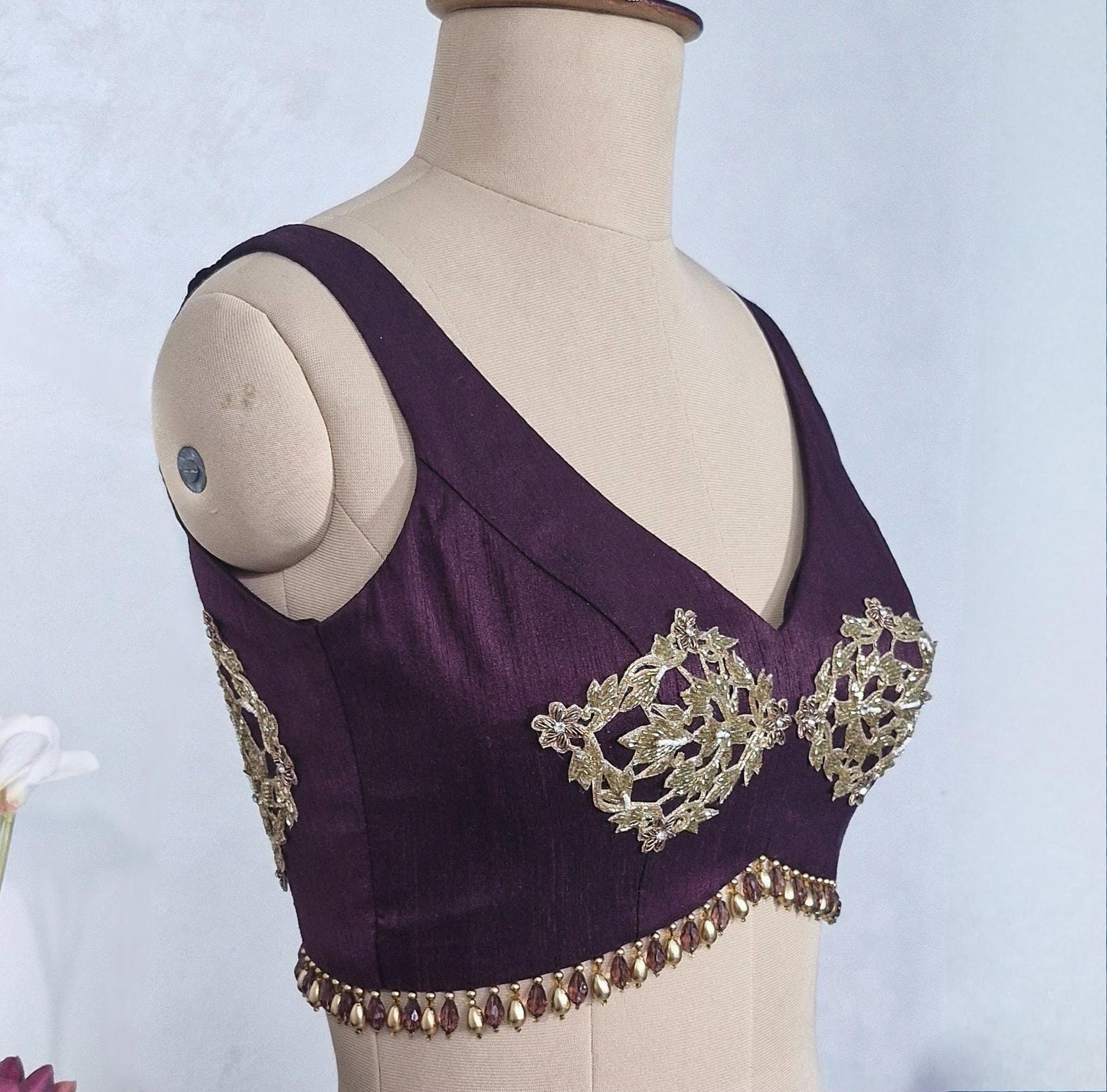 Hand Embroidered Burgundy Wine Raw Silk Blouse DVBL_432