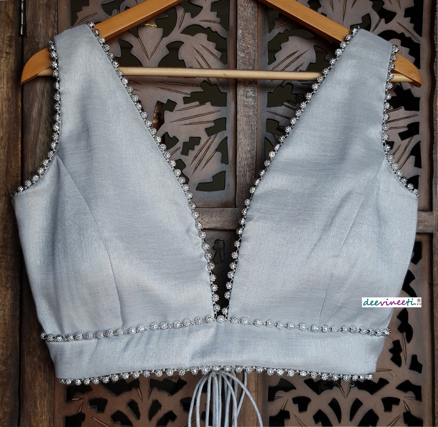 Silver Embellished Tissue Silk  Plunge Neckline Blouse DVBL_115