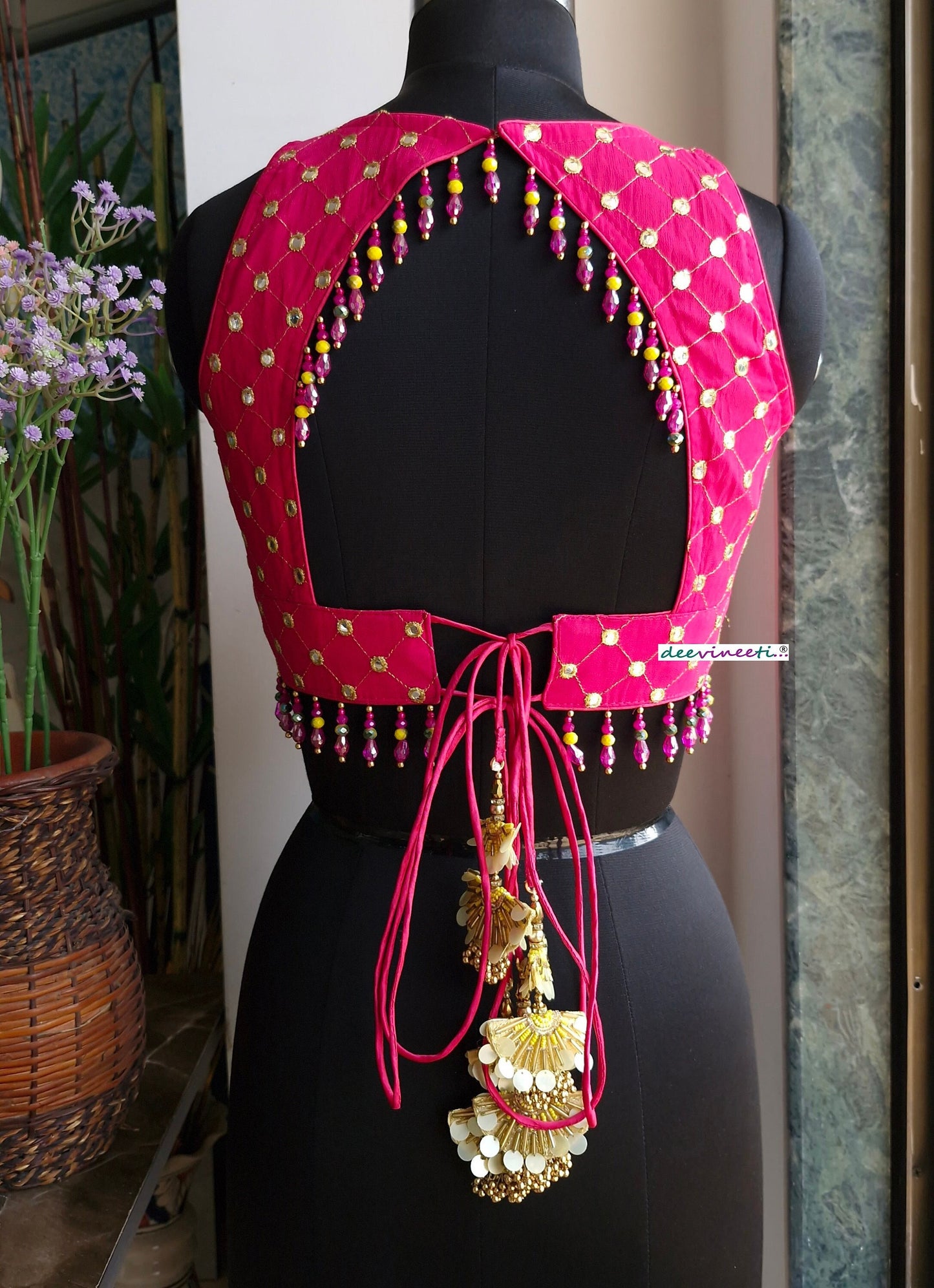 Hot Pink Embroidered Backless Blouse DVBL_336