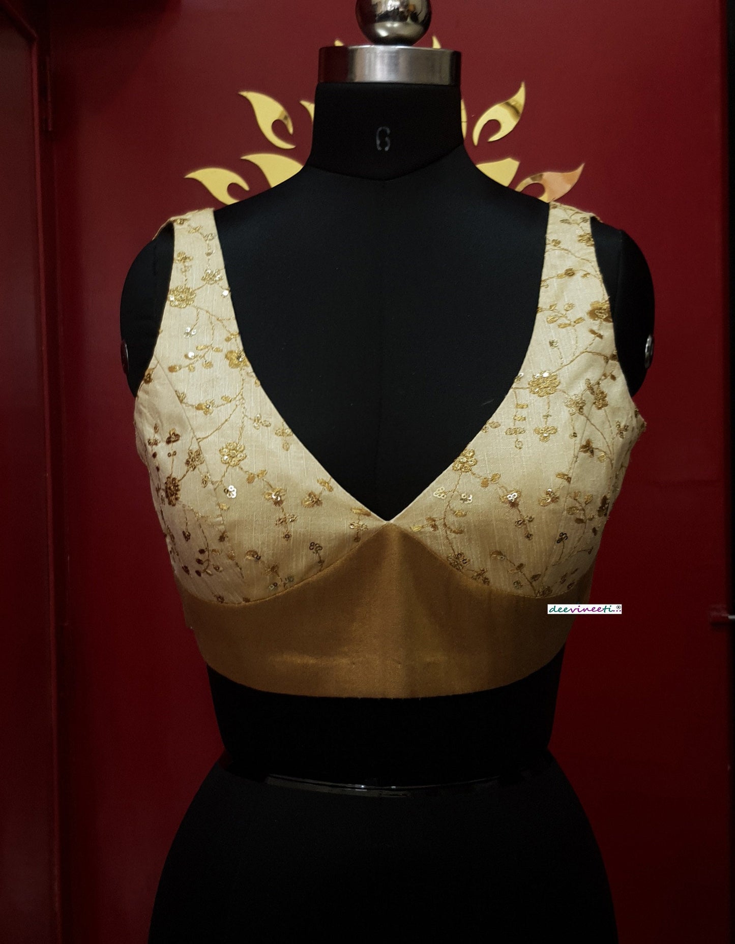 Cream Gold Embroidered Deep V Neck Blouse DVBL_253