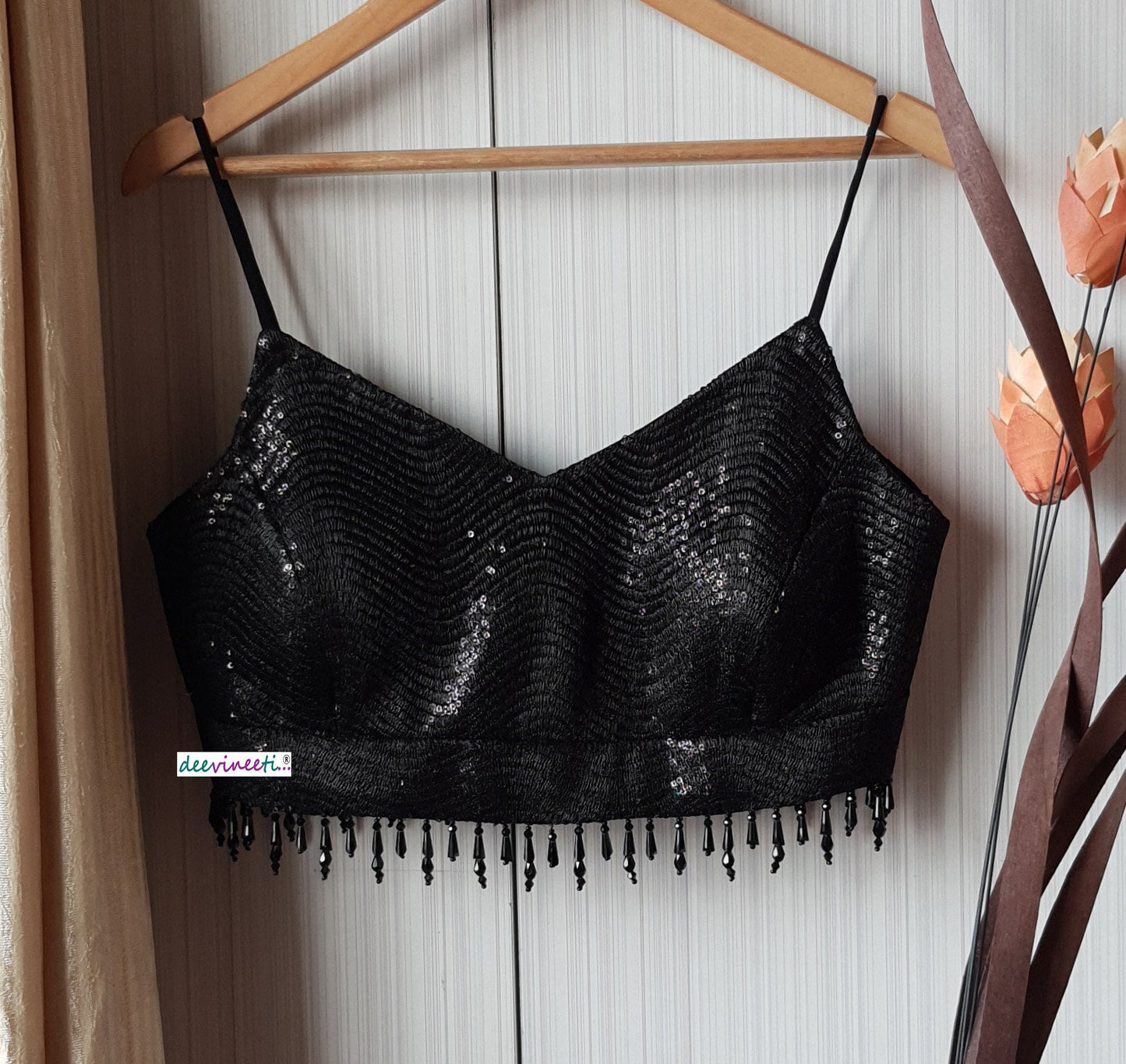 Black Sequins Embroidered Spaghetti Blouse DVBL_179