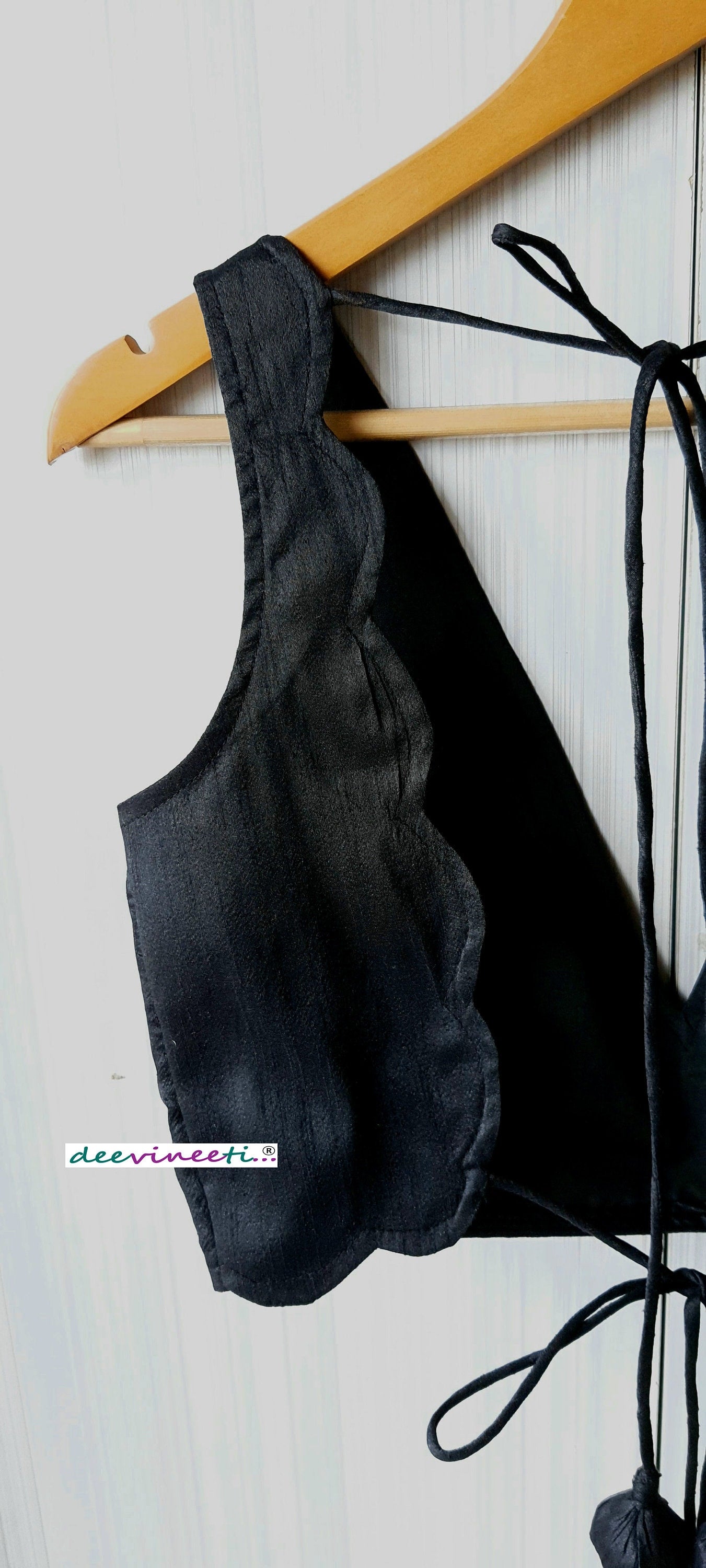 Raw Silk Deep V Neck Solid Blouse with Scallop Back DVBL_063