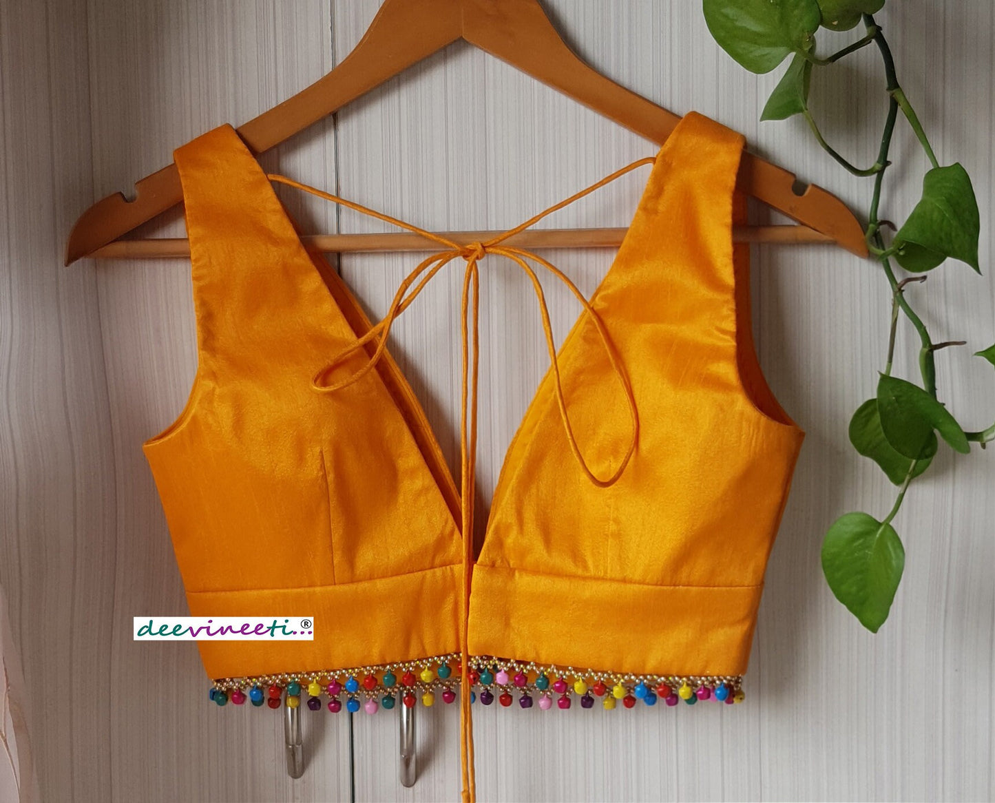 Amber Yellow Raw Silk Plunge Neckline Blouse with Multicolor Fringes DVBL_261