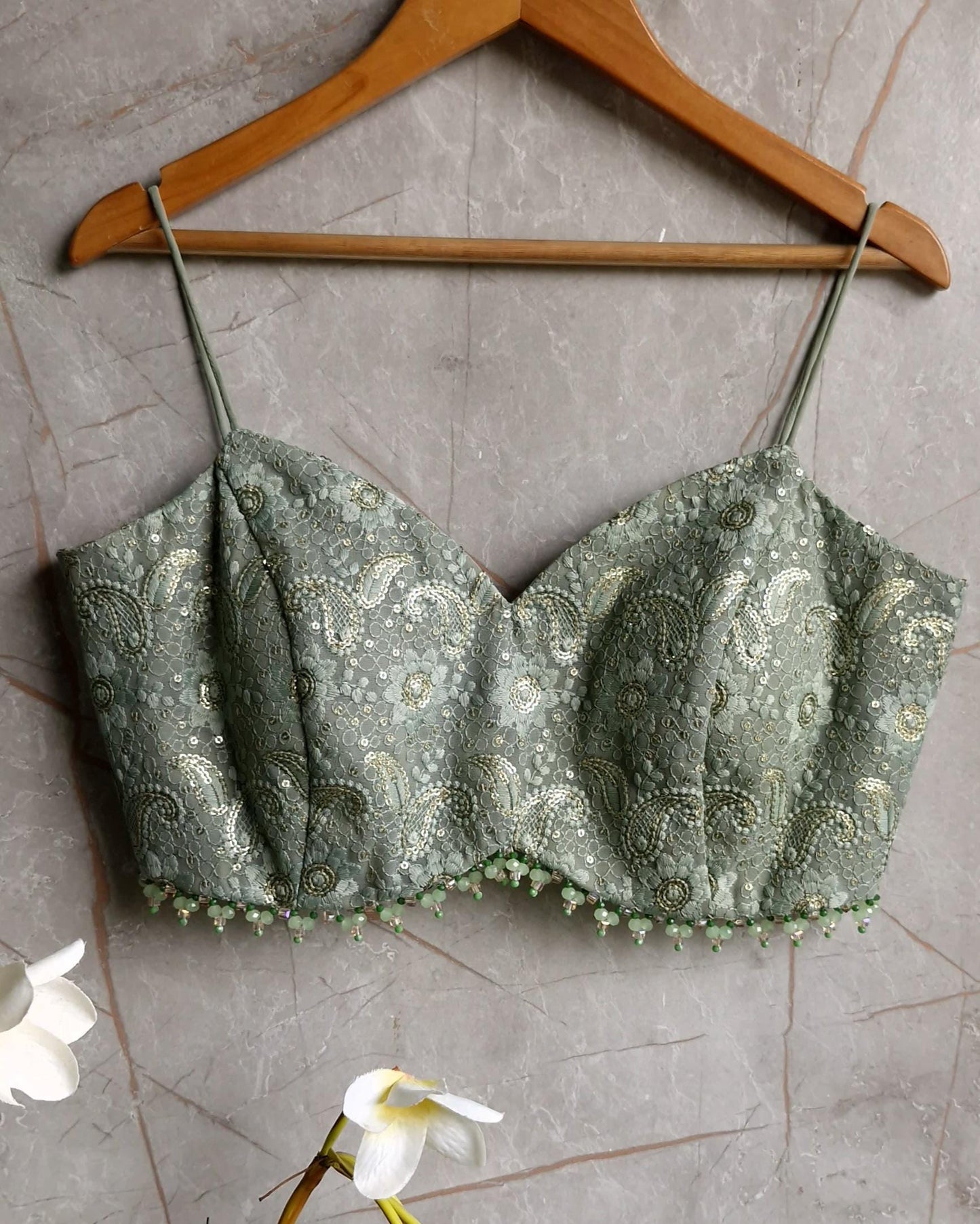 Moss Green Embroidered Georgette V Neck Spaghetti Blouse DVBL_440