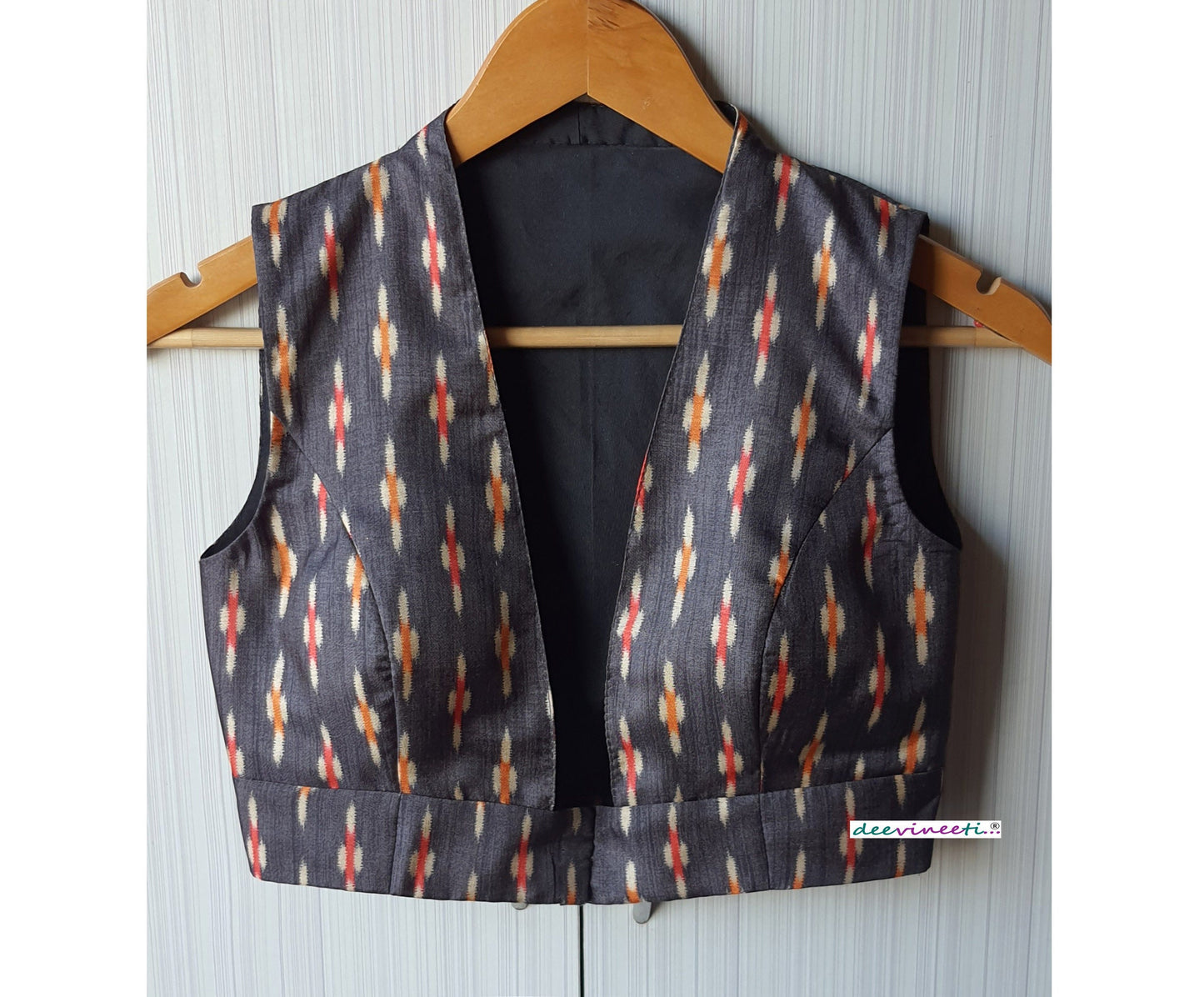 Grey Ikat Print Khadi Silk Plunge Neck Blouse DVBL_072