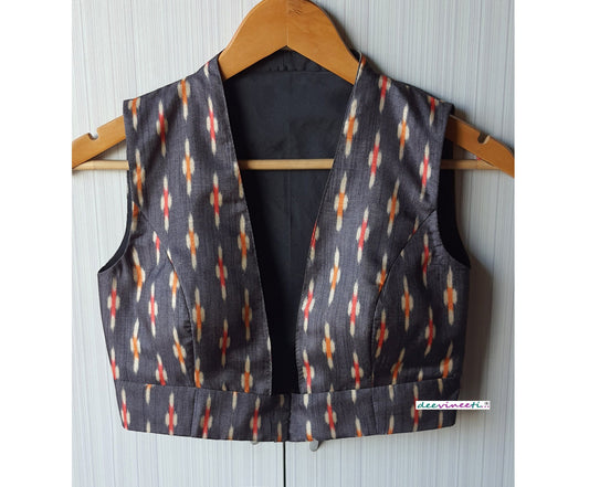 Grey Ikat Print Khadi Silk Plunge Neck Blouse DVBL_072