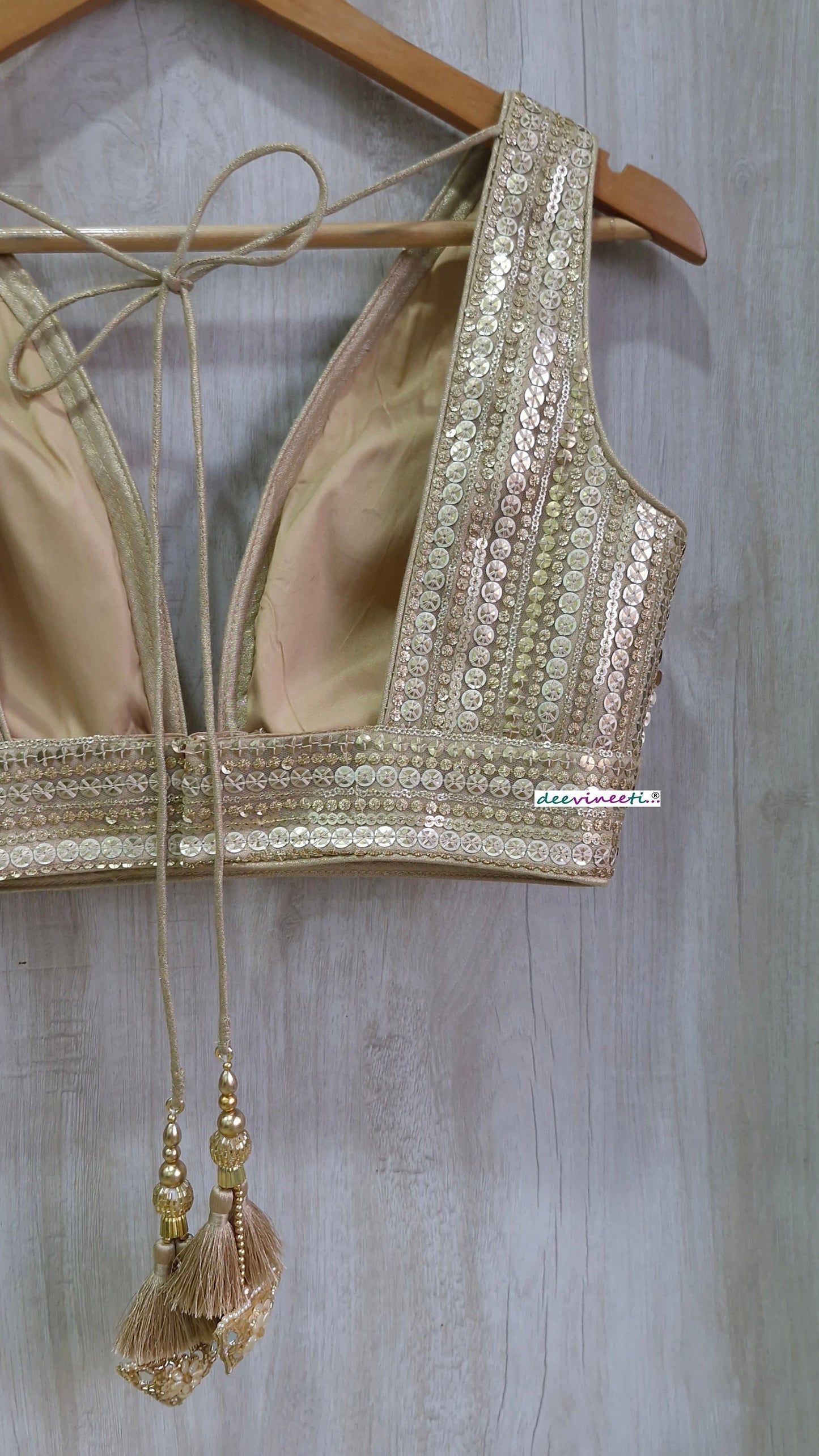 Gold Sequins Embroidered Plunge Neckline Blouse DVBL_363
