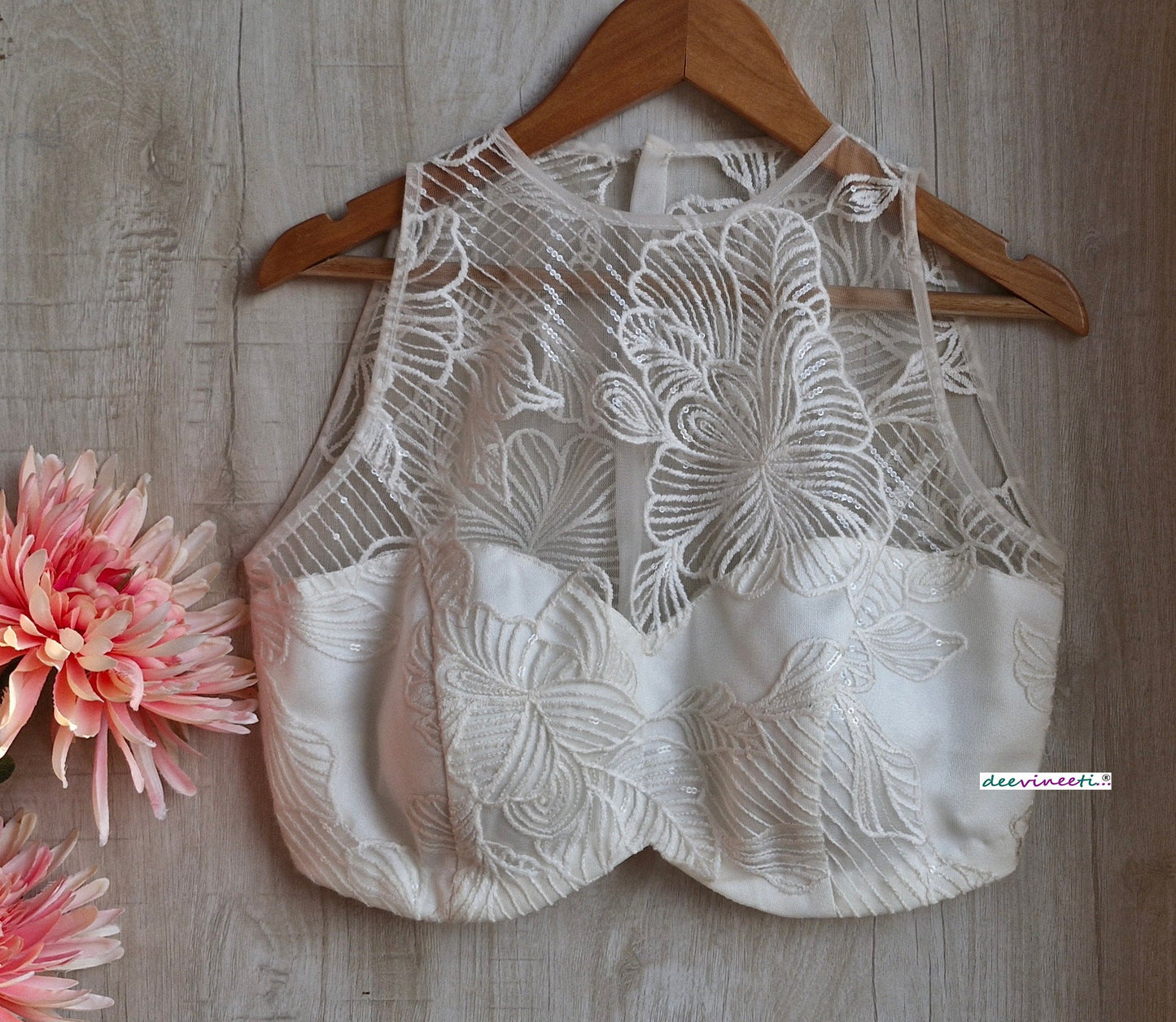 Off-White Embroidered Net Jewel Neck Blouse  DVBL_347