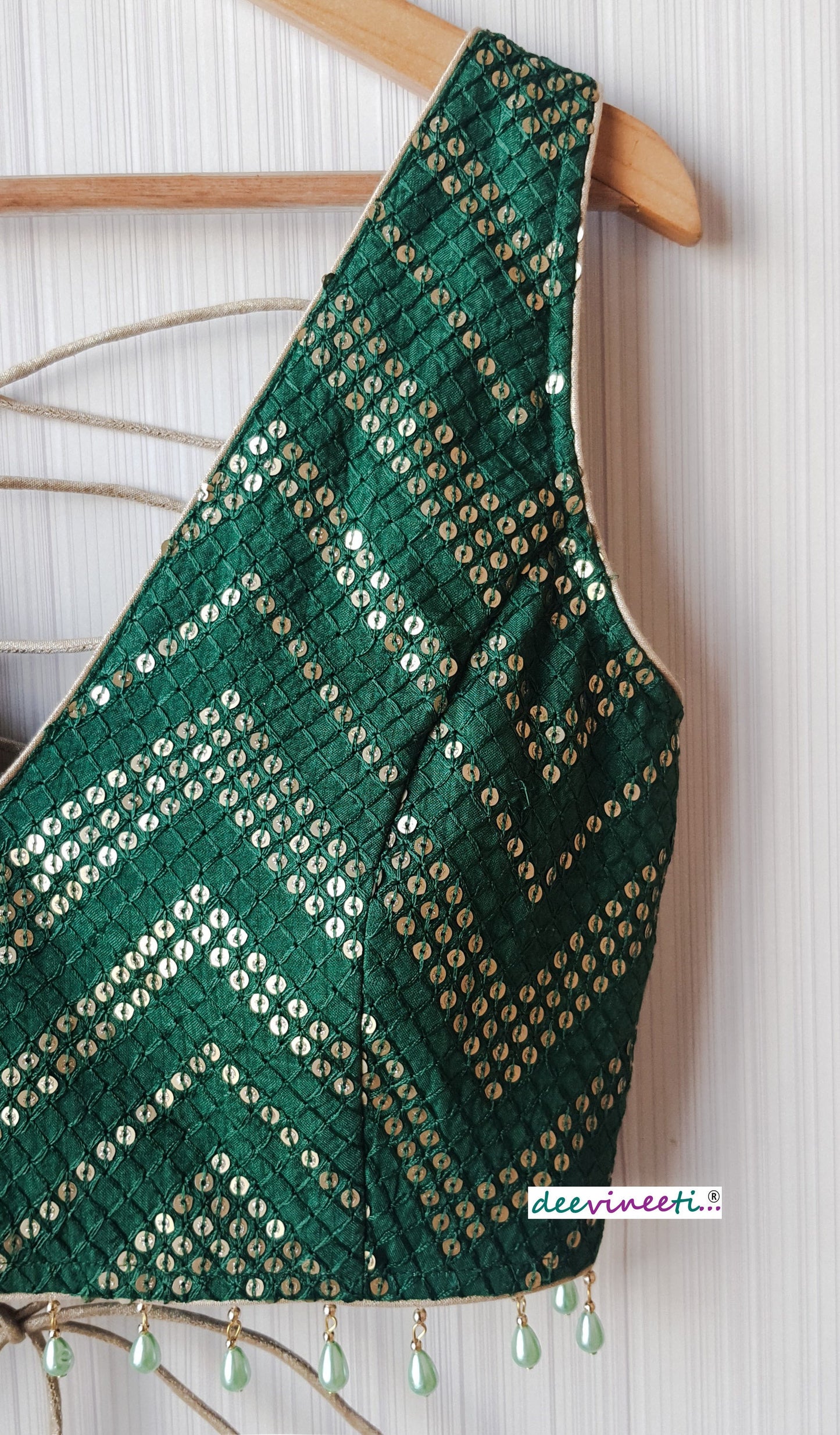 Green Sequins Chevron  Embroidered Silk Blouse  DVBL_152