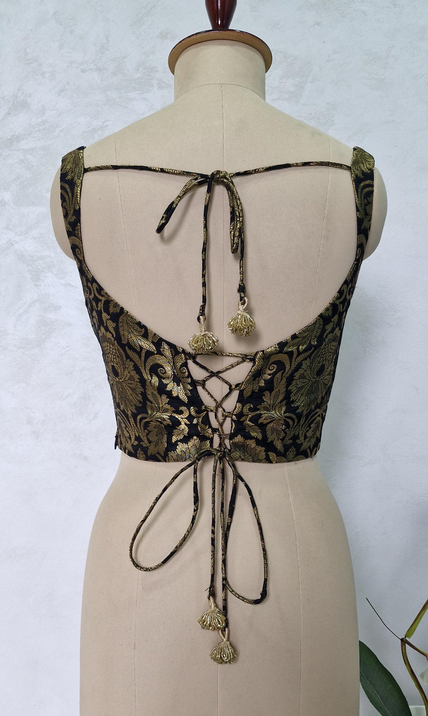 Black Gold Brocade Silk Corset Blouse DVCB_002