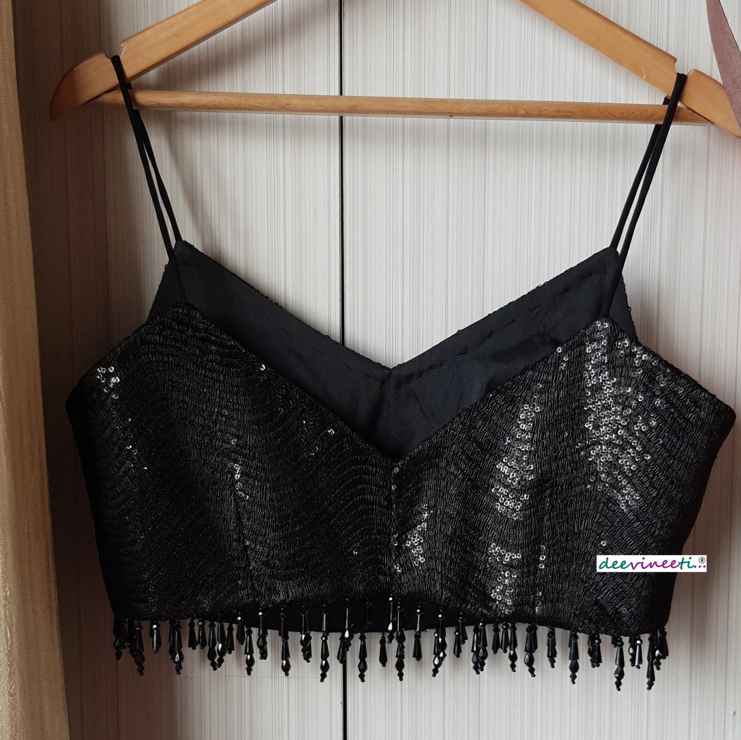 Black Sequins Embroidered Spaghetti Blouse DVBL_179