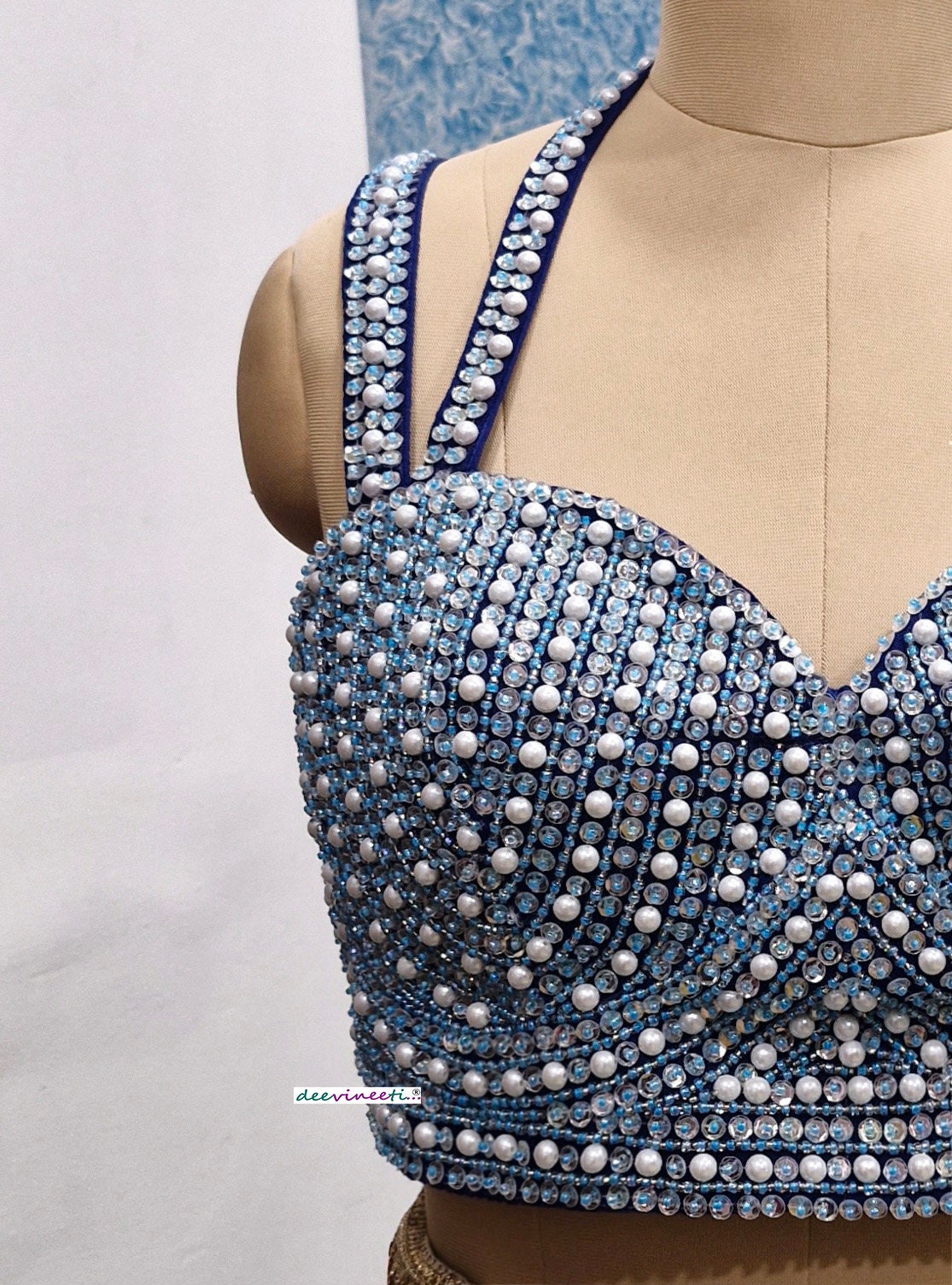 Beads and Sequins Hand Embroidered Blue Bustier Blouse DVBL_354