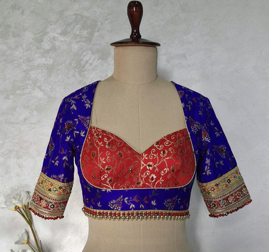 Blue Red Brocade Silk Sweetheart Neckline Blouse DVBL_448