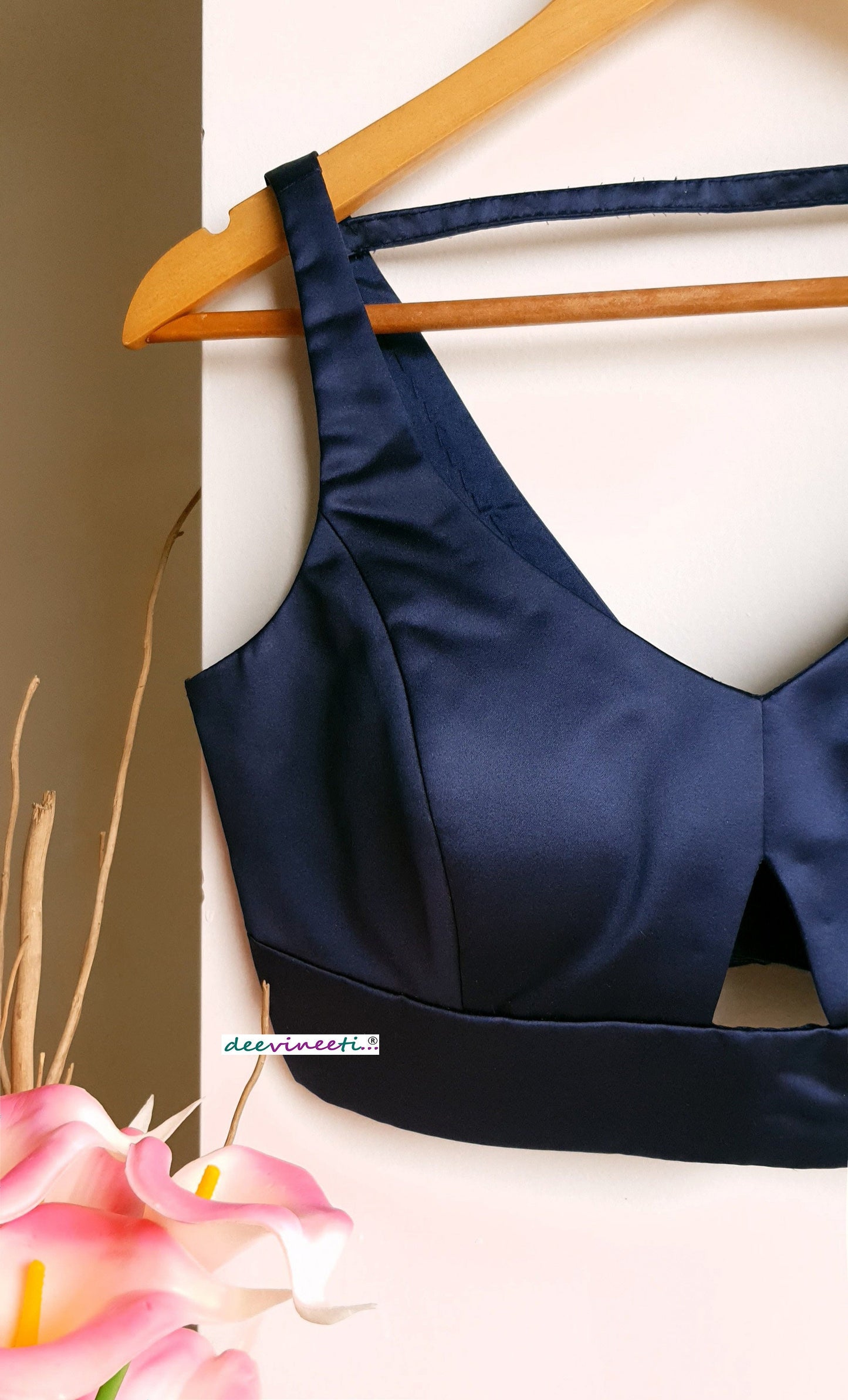 Navy Blue Satin Blouse Deep V Neck Sleeveless DVBL_270