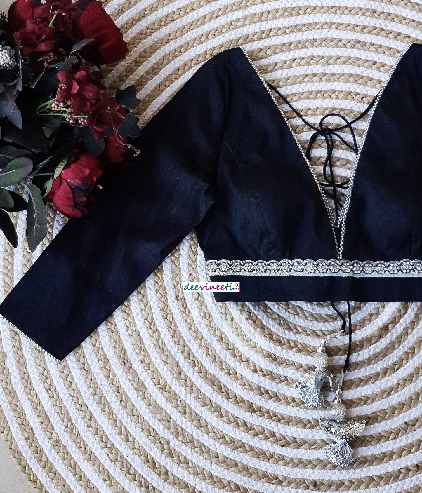 Raw Silk Plunge Neckline Three-fourth Sleeves Blouse  DVBL_163