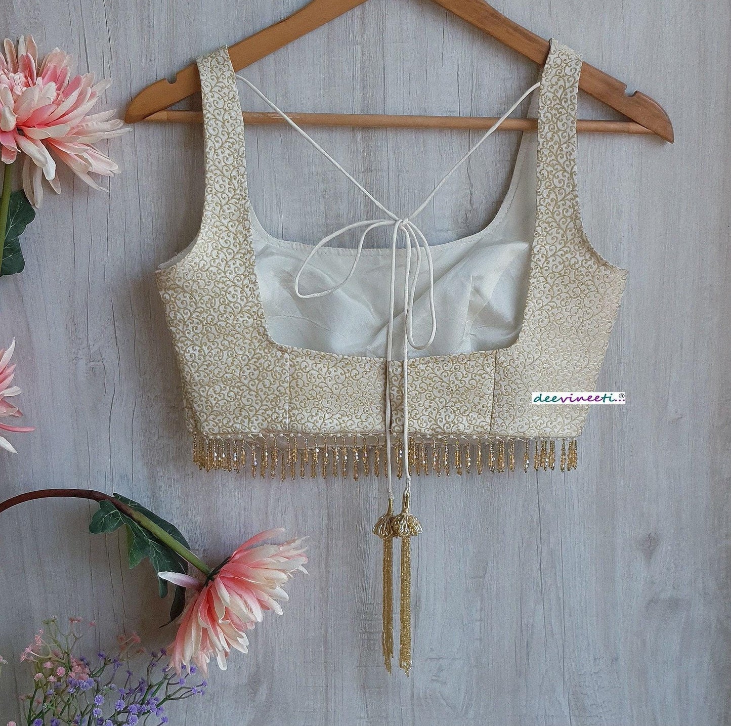 Cream and Gold Brocade Silk Square Neck Blouse DVBL_304