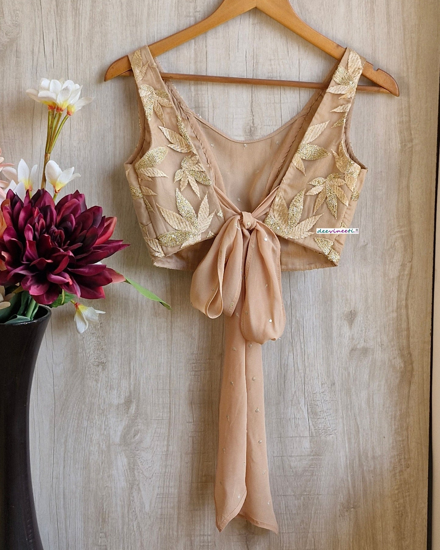 Embroidered Beige Boat Neck Tie Blouse DVBL_346.