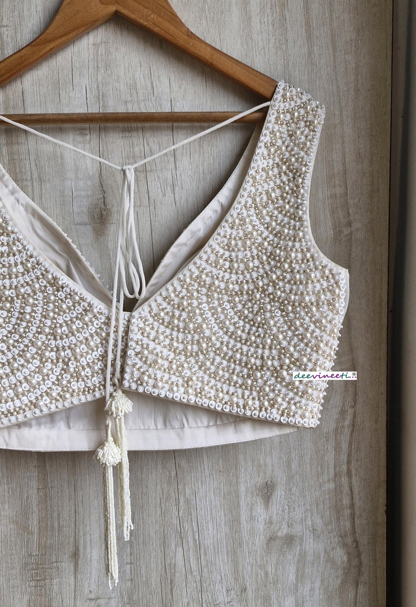 Beads and Sequins Hand Embroidered Ivory V Neck DVBL_385