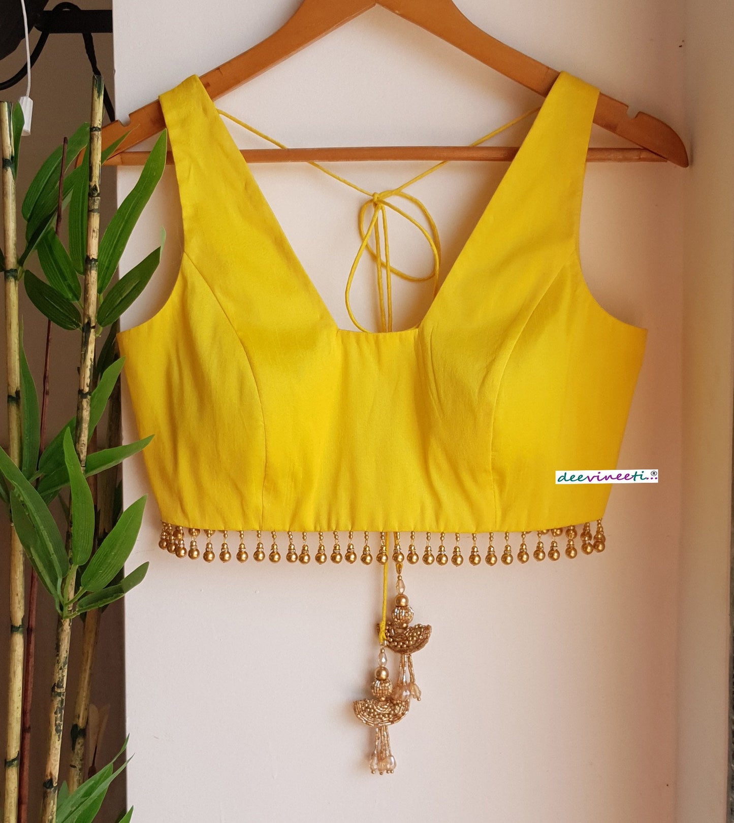 Yellow Raw Silk Trapeze Neck Blouse DVBL_291