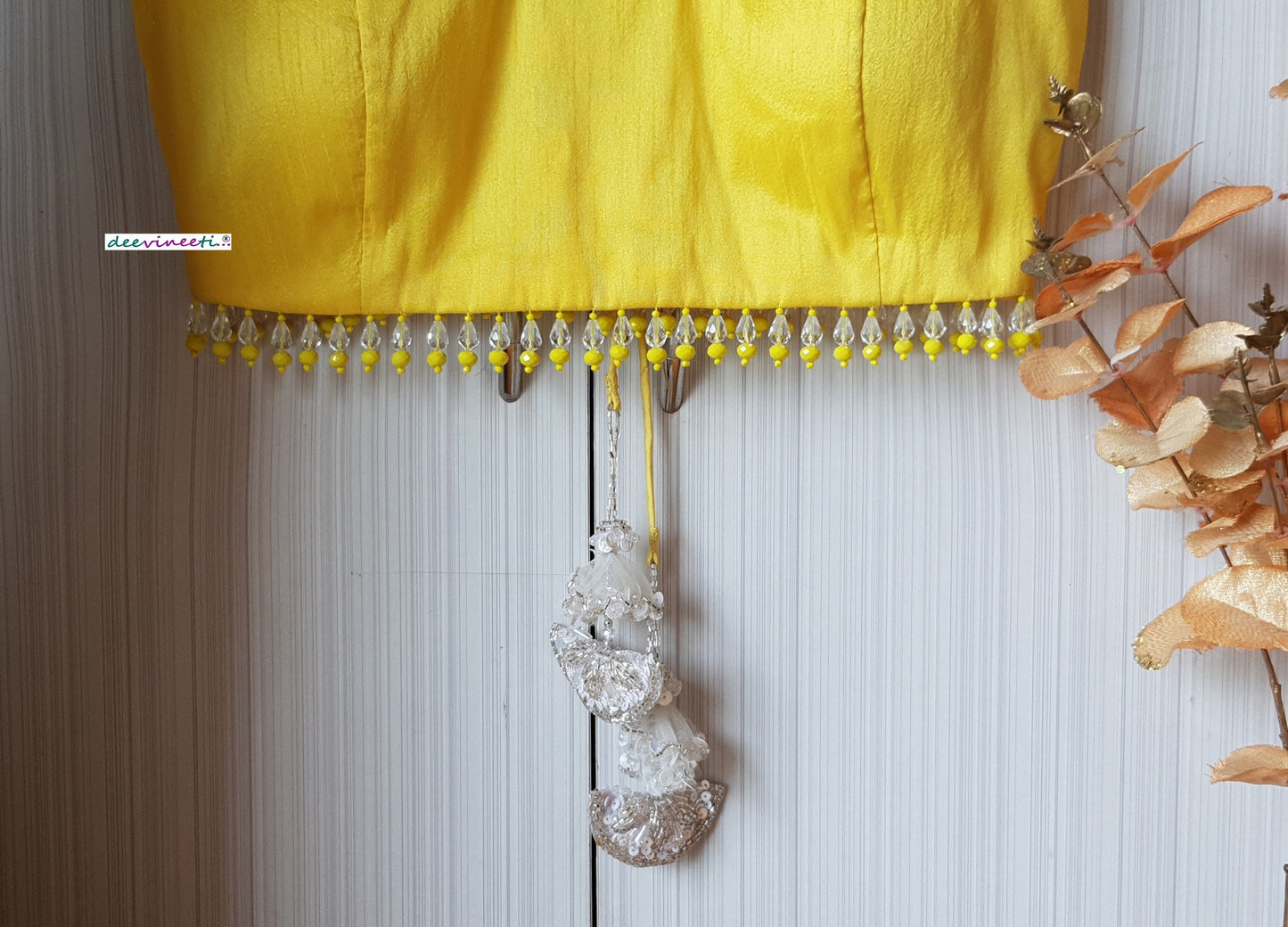 Designer Yellow Raw Silk Trapeze Neck Blouse with Beads Fringes DVBL_207