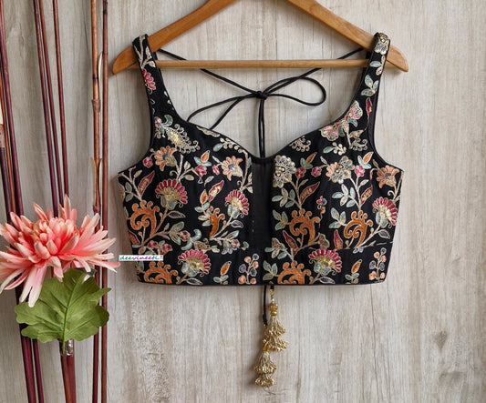 Black Embroidered  Sweetheart Neck Blouse DVBL_314