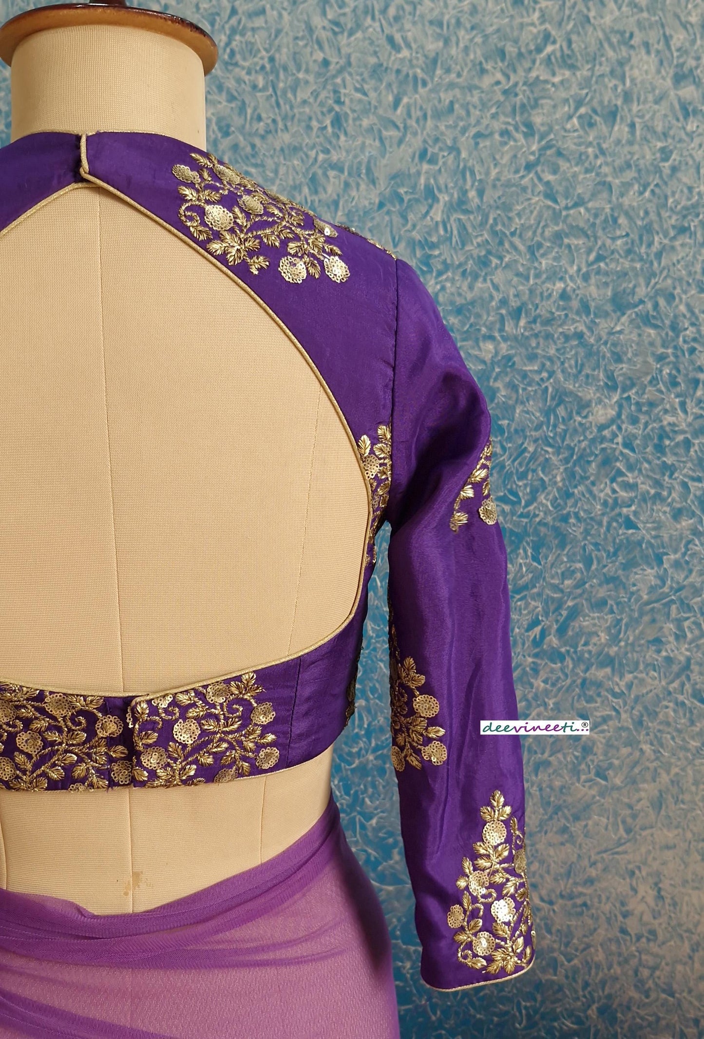 Purple Embroidered Silk Three Fourth Sleeves Blouse DVBL_384