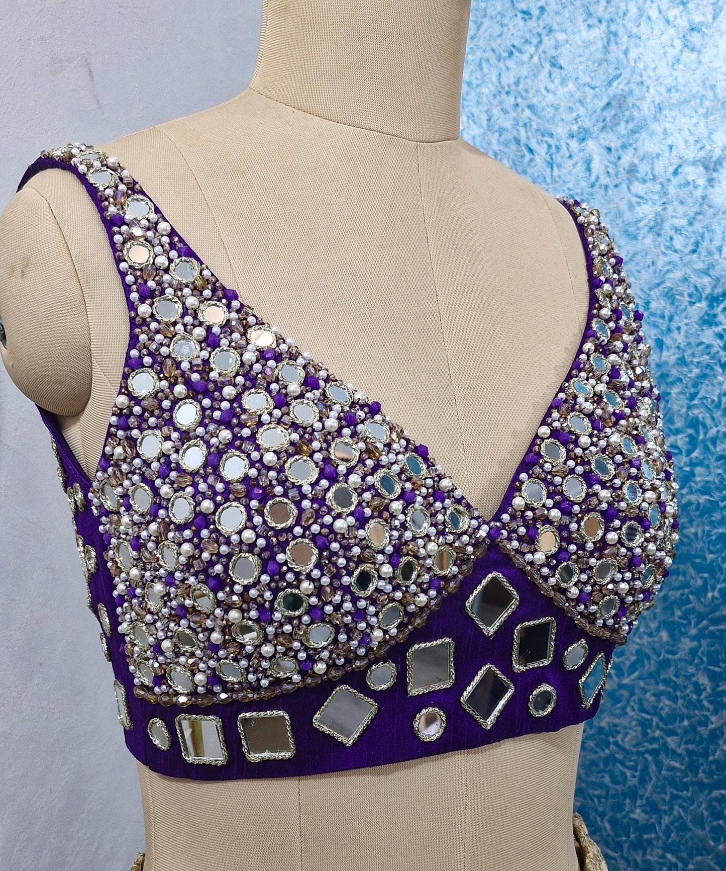 Beads and Mirror Hand Embroidered Purple Raw Silk Blouse DVBL_431