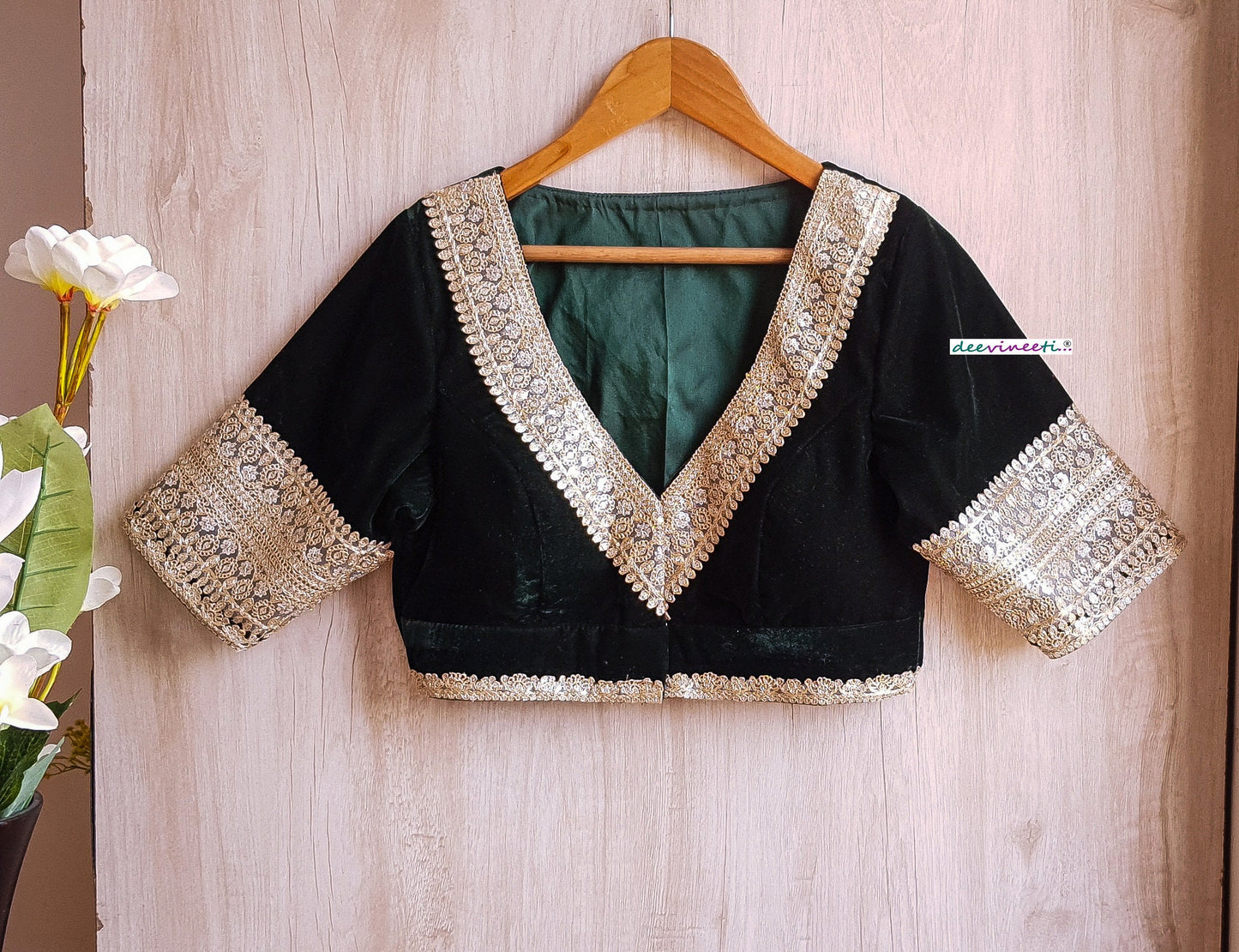 Embroidered Green Velvet Blouse Deep V Neck DVBL_292