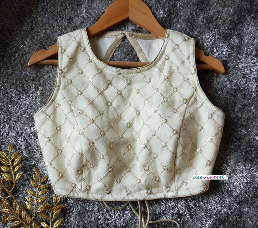 Cream Jute Silk Jewel Neck Backless Blouse DVBL_211