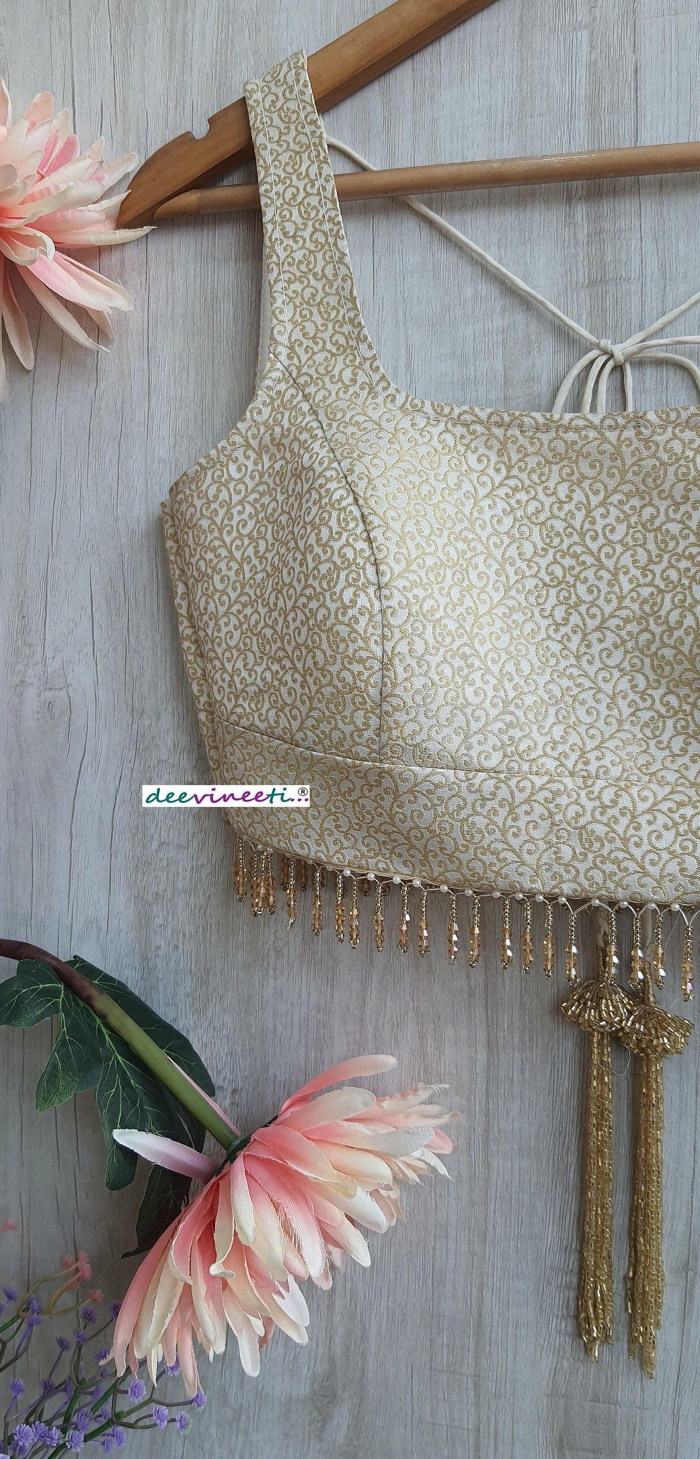 Cream and Gold Brocade Silk Square Neck Blouse DVBL_304