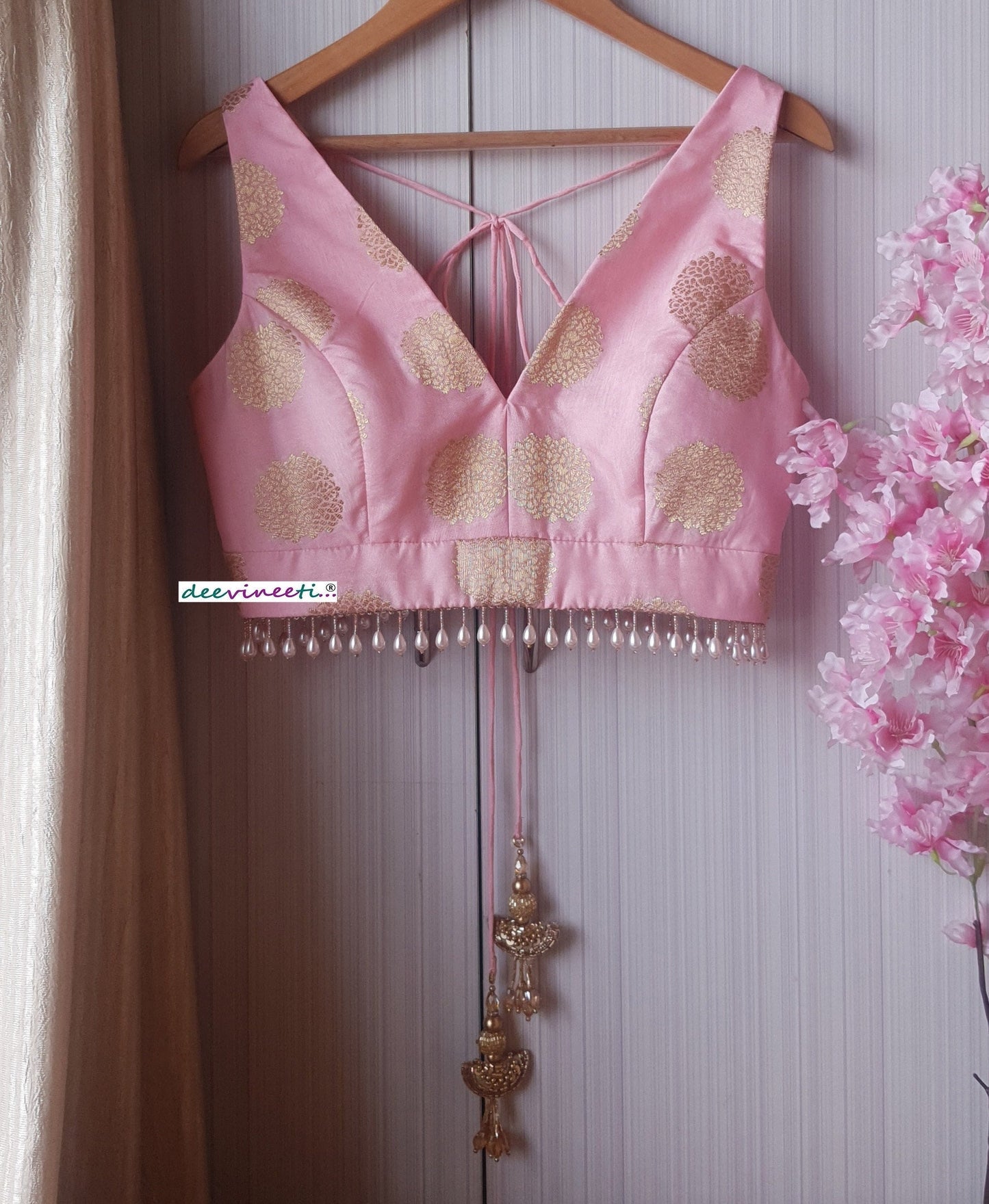 Pink Brocade Silk Blouse V Neck DVBL_192