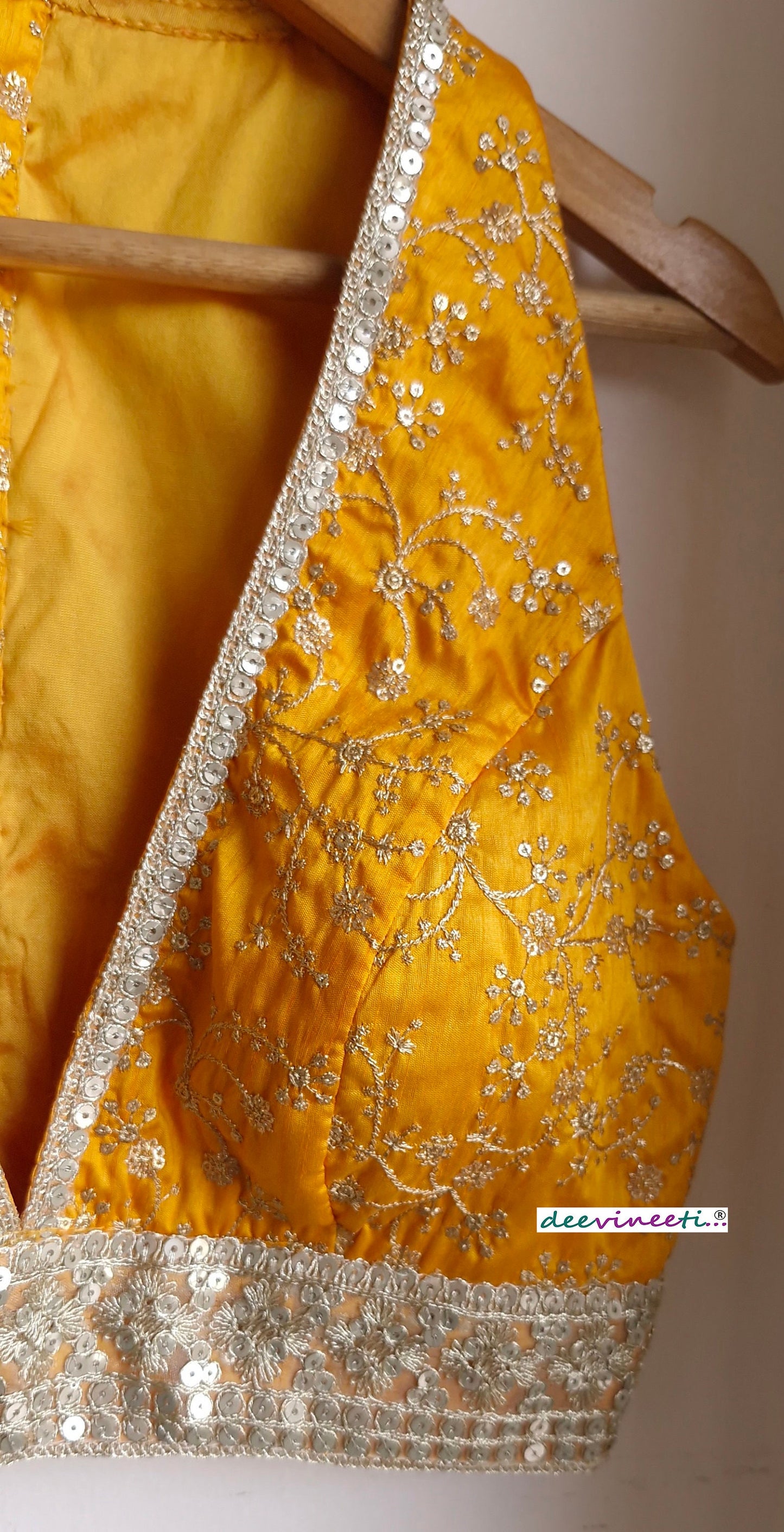 Embroidered Amber Yellow and Gold Plunge Neckline Blouse DVBL_358