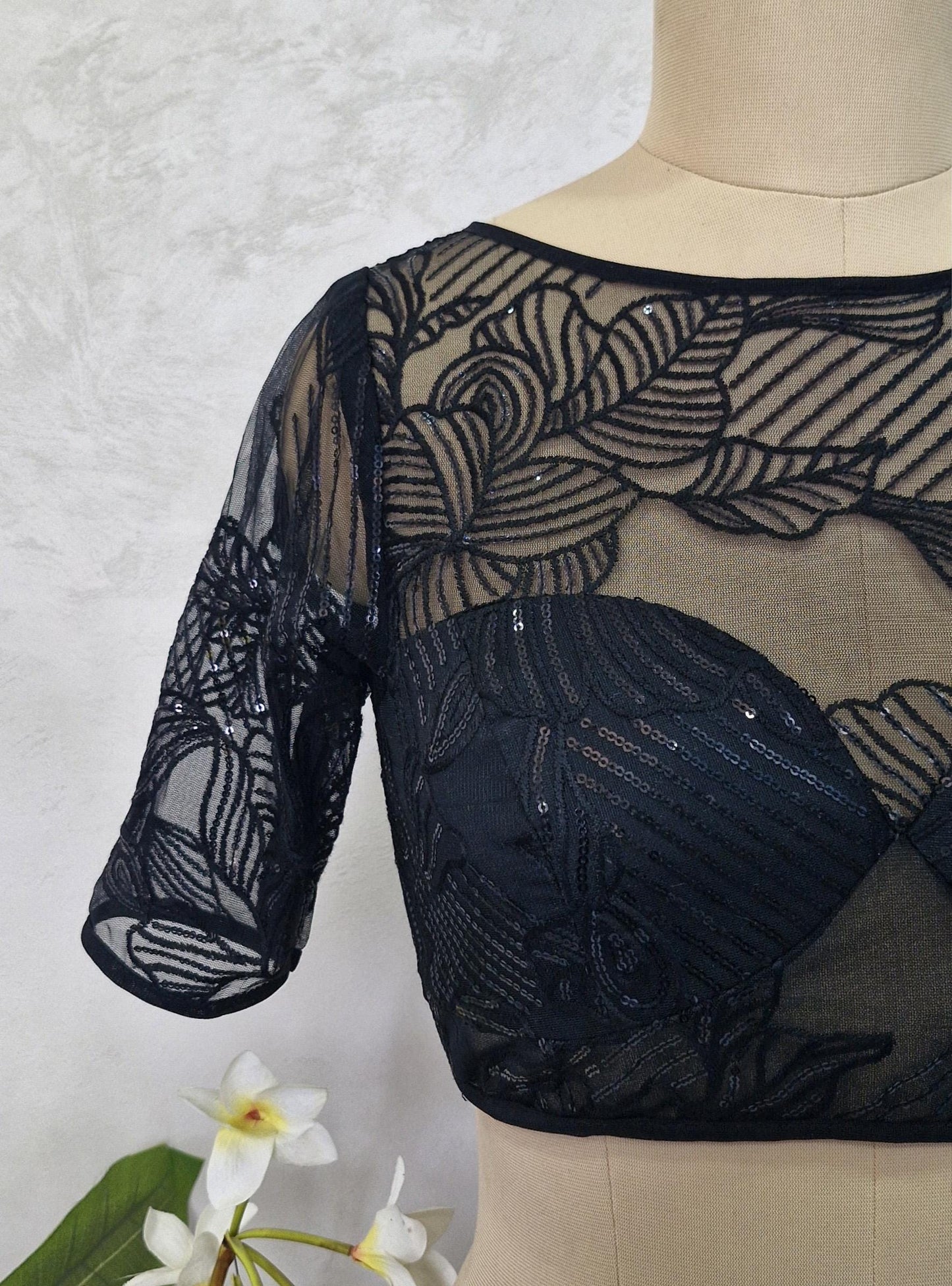 Embroidered Net Black Blouse with Sleeves DVBL_418