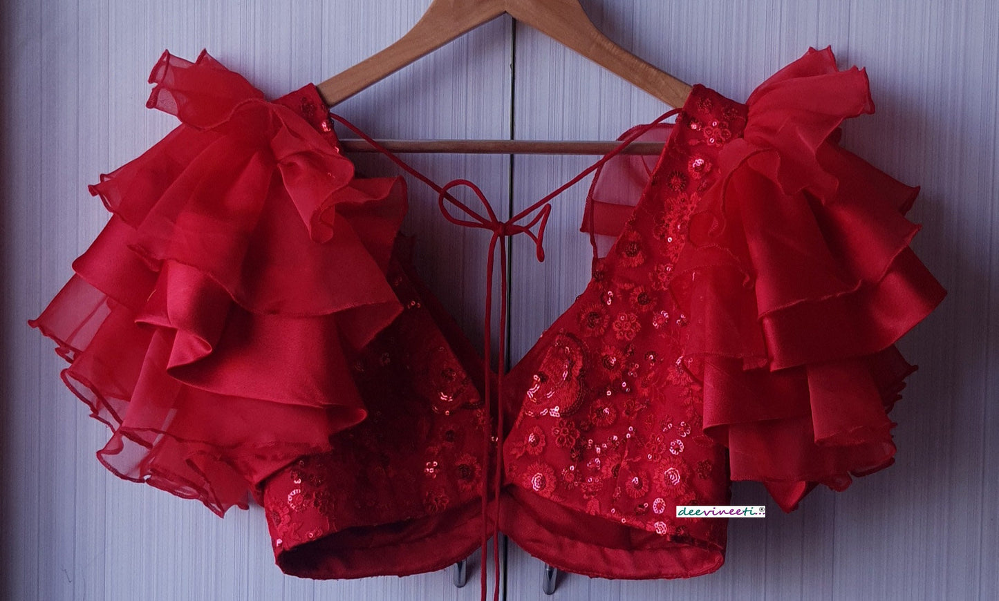 Red Embroidered  Deep V Neck Ruffled Sleeves Blouse DVBL_183