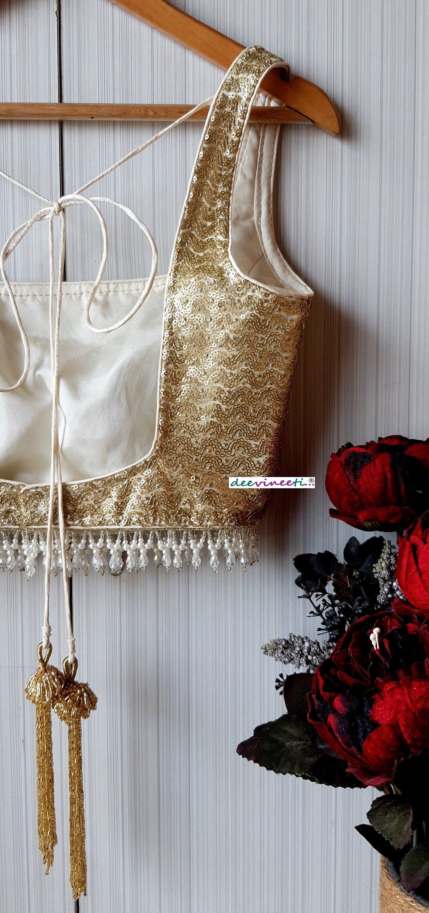 Gold Sequins Embroidered Net Square Neck Blouse DVBL_198