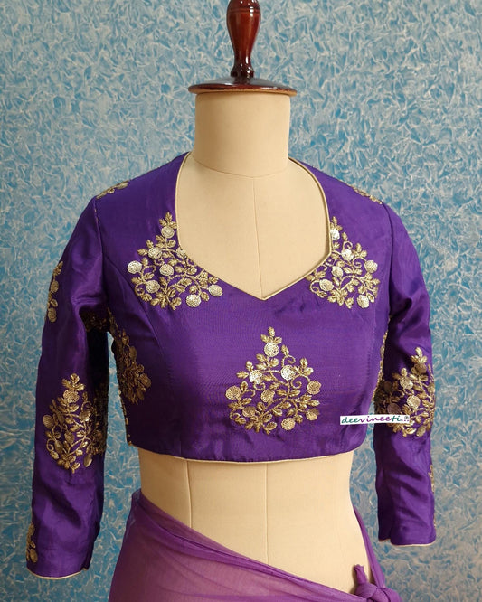 Purple Embroidered Silk Three Fourth Sleeves Blouse DVBL_384