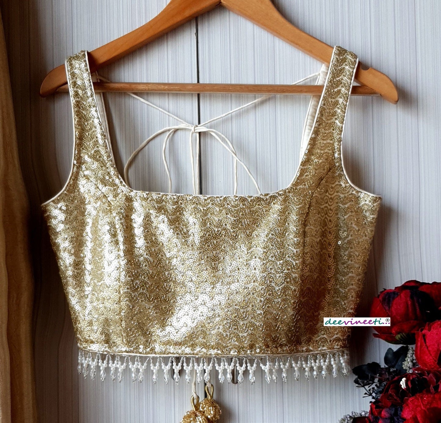 Gold Sequins Embroidered Net Square Neck Blouse DVBL_198