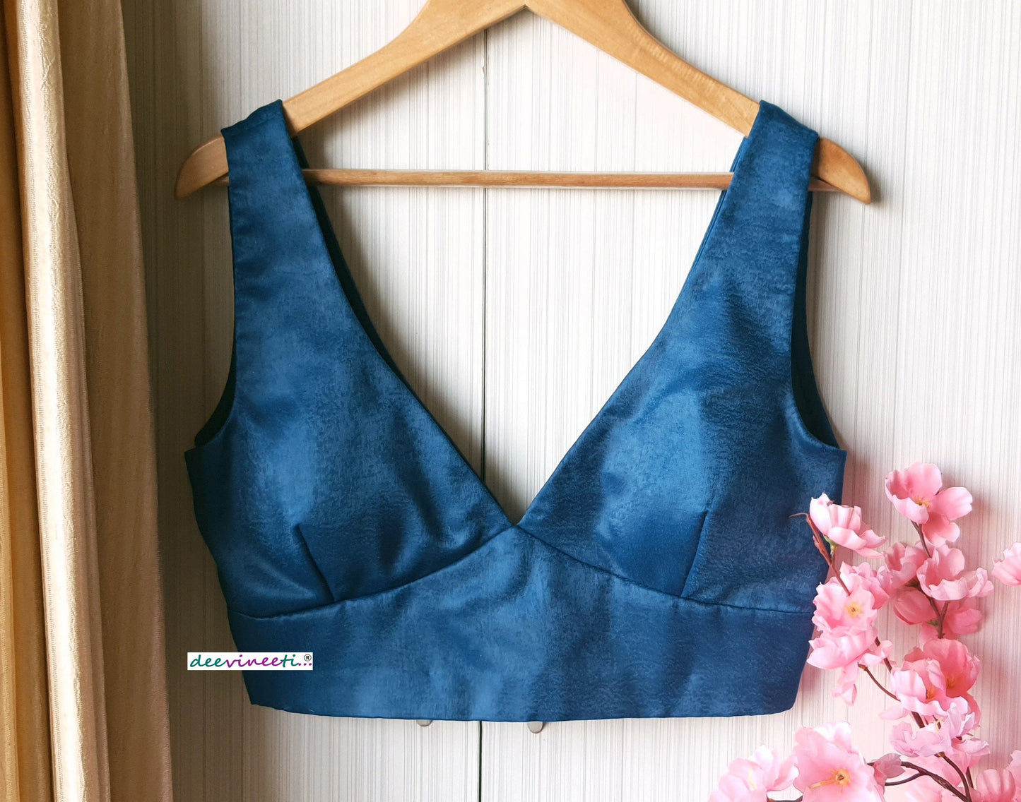 Blue Velvet Crepe Sleeveless Cross Cut Deep V Neck Blouse DVBL_094