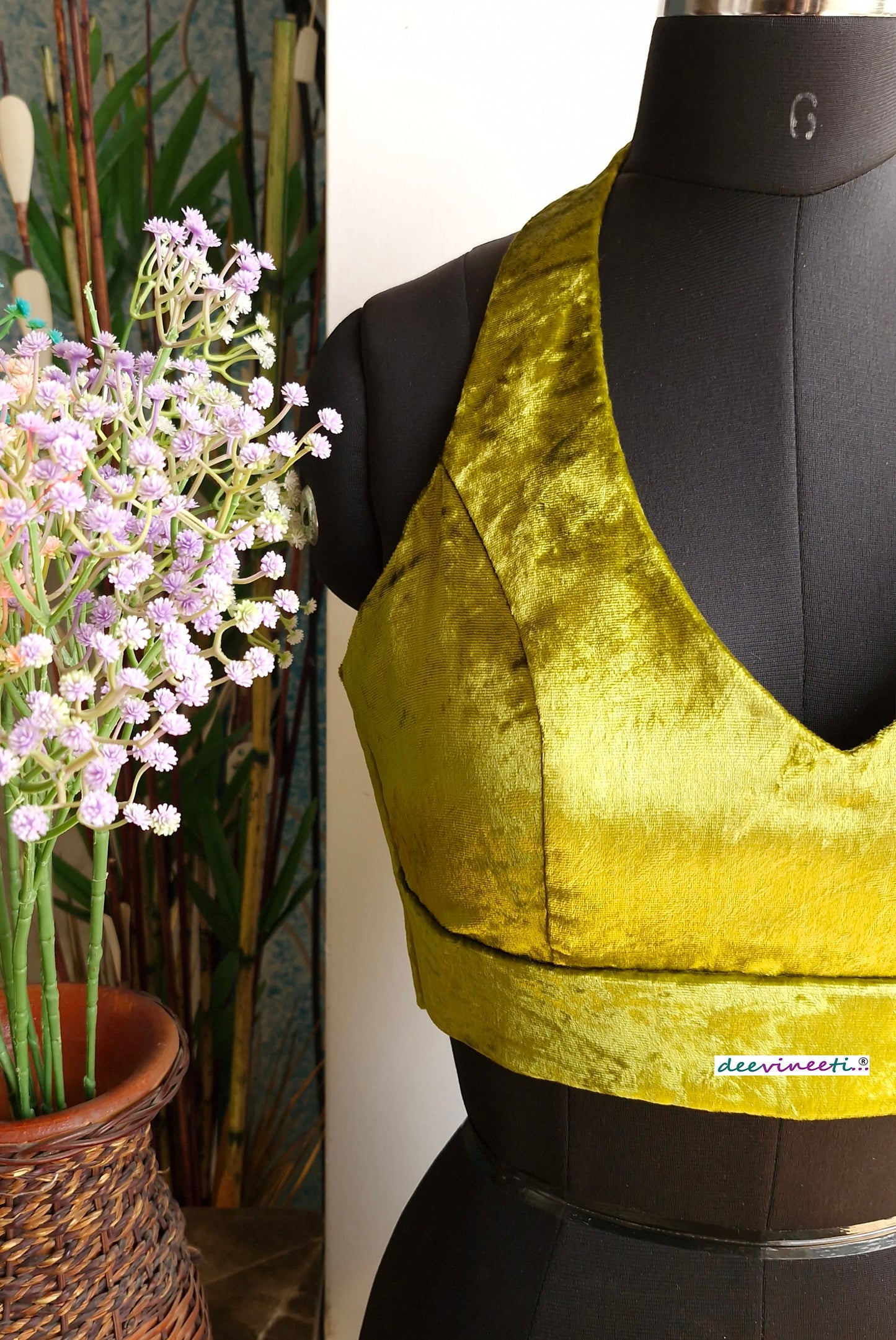 Olive Green Viscose Velvet Halter Neck Blouse DVBL_333