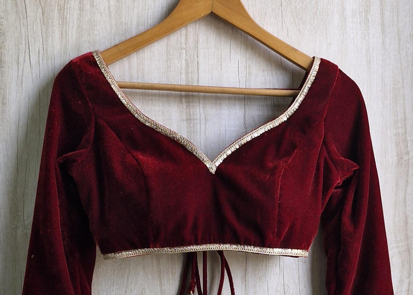 Deep Burgundy Velvet Deep Sweetheart Neck Full Sleeves Blouse DVBL_410