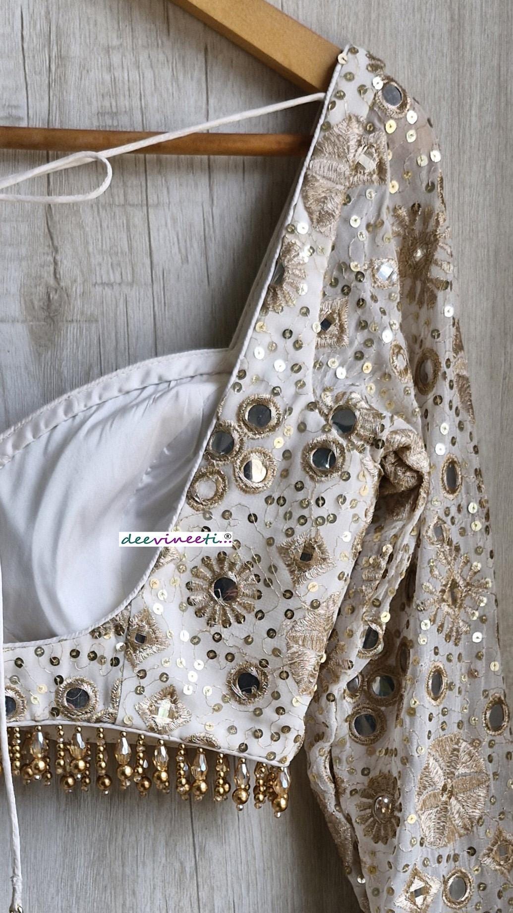 Ivory and Gold Embroidered Sweetheart Neck Long Sleeves Blouse DVBL_373