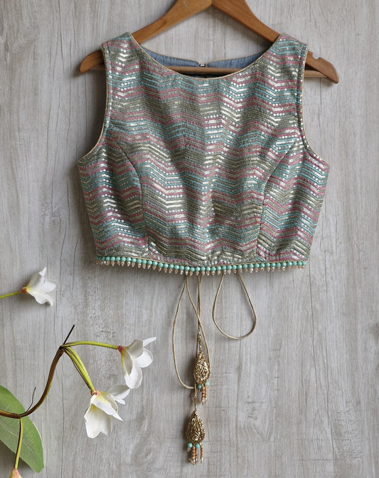 Multicolor Embroidered Grey Blouse Boat Neck Blouse DVBL_452