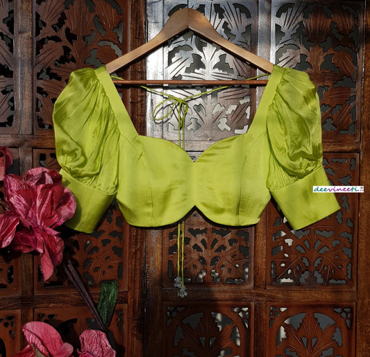 Lime Green Satin Organza Puff Sleeves Blouse DVBL_266
