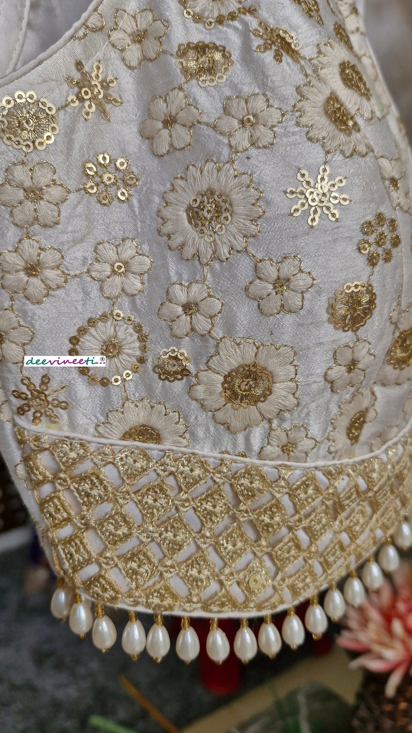 Off-White Embroidered Silk V Neck Blouse DVBL_313