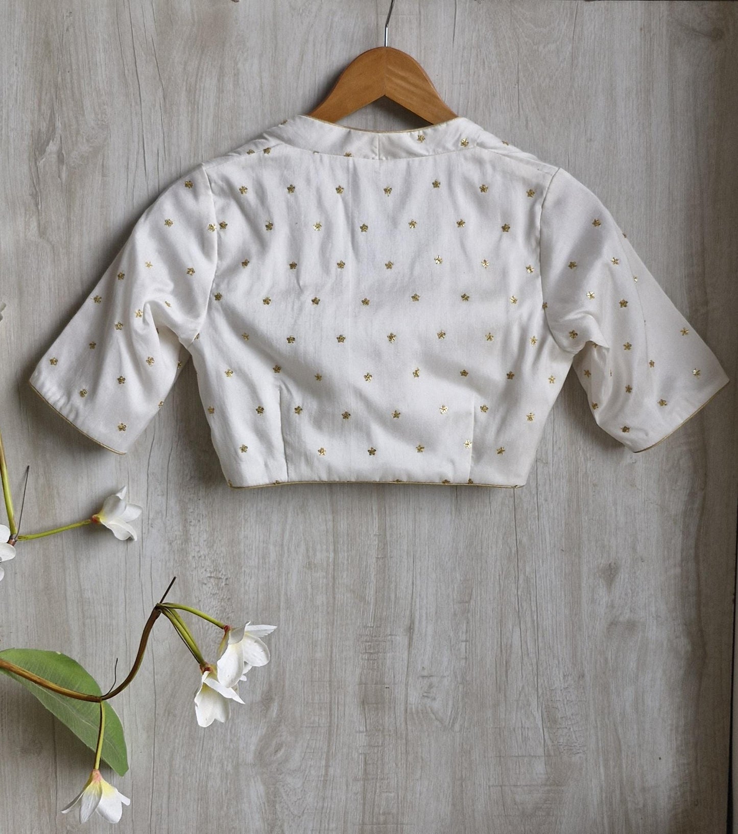 Embroidered Silk Ivory Deep V Neck Blouse DVBL_451