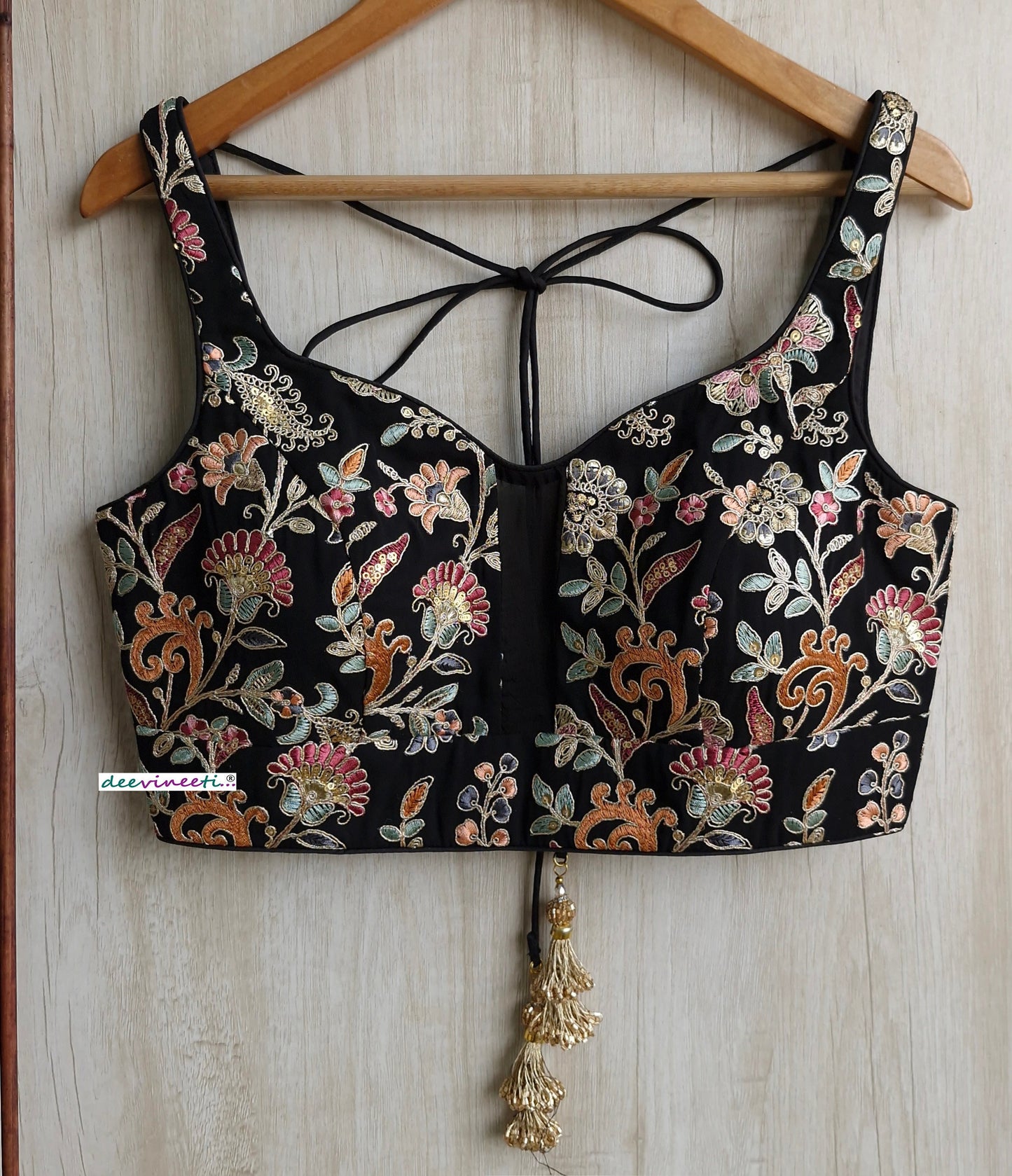 Black Embroidered  Sweetheart Neck Blouse DVBL_314