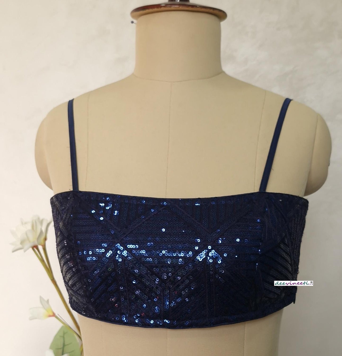 Deep Blue Sequins Embroidered Spaghetti Blouse DVBL_405