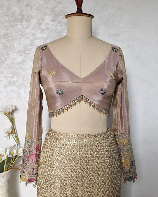 Dusty Rose Pink Embroidered Tissue Silk Blouse  DVBL_442